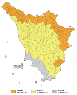 Mappa della classificazione sismica della Toscana del 2012